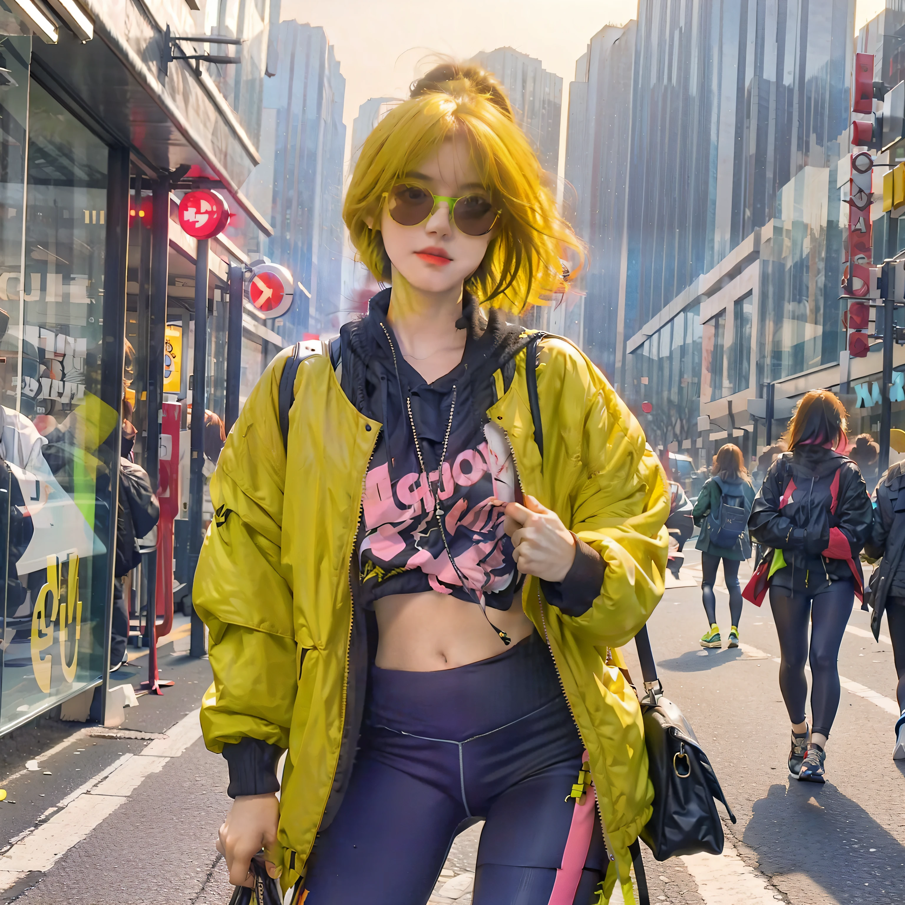 Girl with yellow hair and neon sunglasses, posing in the street, wearing fashionable neon jacket and leggings, detailed image