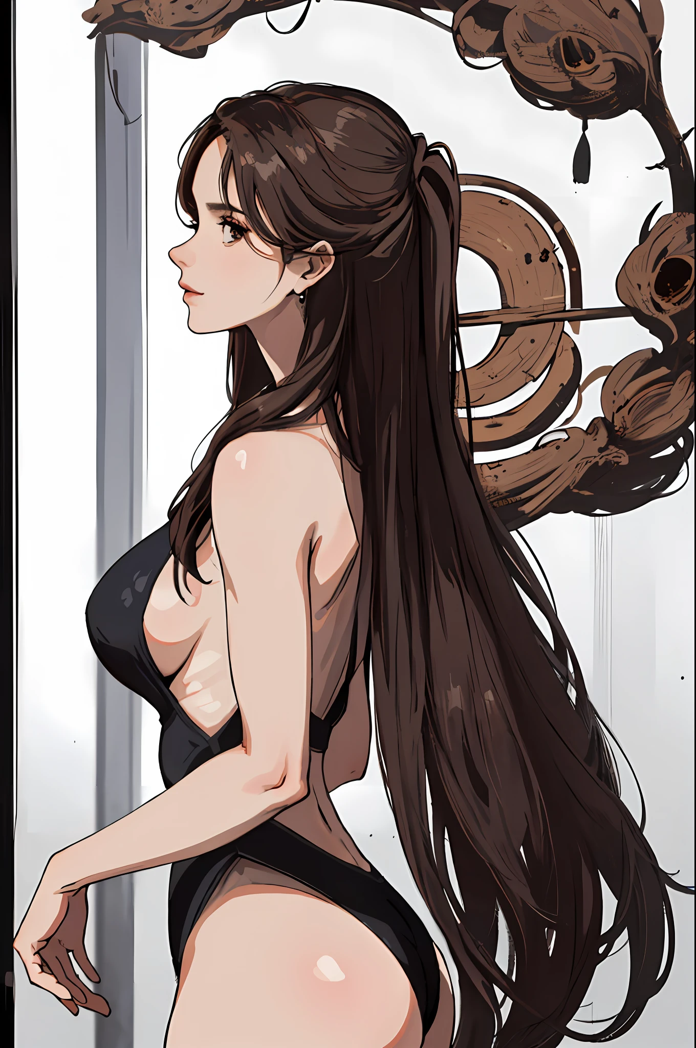 (Masterpiece, 4K, Best quality, Highly detailed, 1 mature female, Solo), A MILF, Black hair, Brown eyes, Long hair, Upper body, (Large breasts), Wide buttock, (35 years old), ((Goddess of the Sky)), (White background), (Mother, Wife), Perfect flesh full of texture, Captivating visual treat