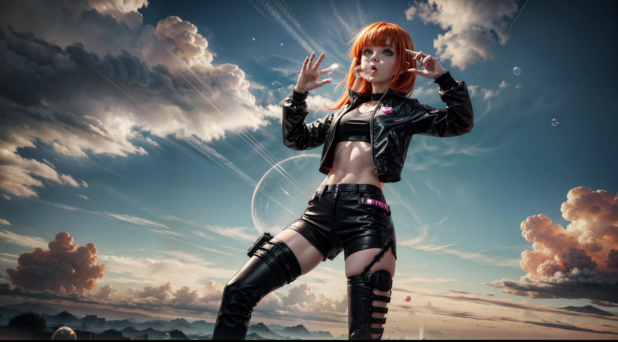 pale woman with ginger hair, blunt bangs, cybergoth outfit, chewing bubblegum, making pistol pose with hands, dust to the sides of her feet, action linbes, animation lines, motion lines, cloudstorm, sclouds around her, floating hair, transparent bubbles