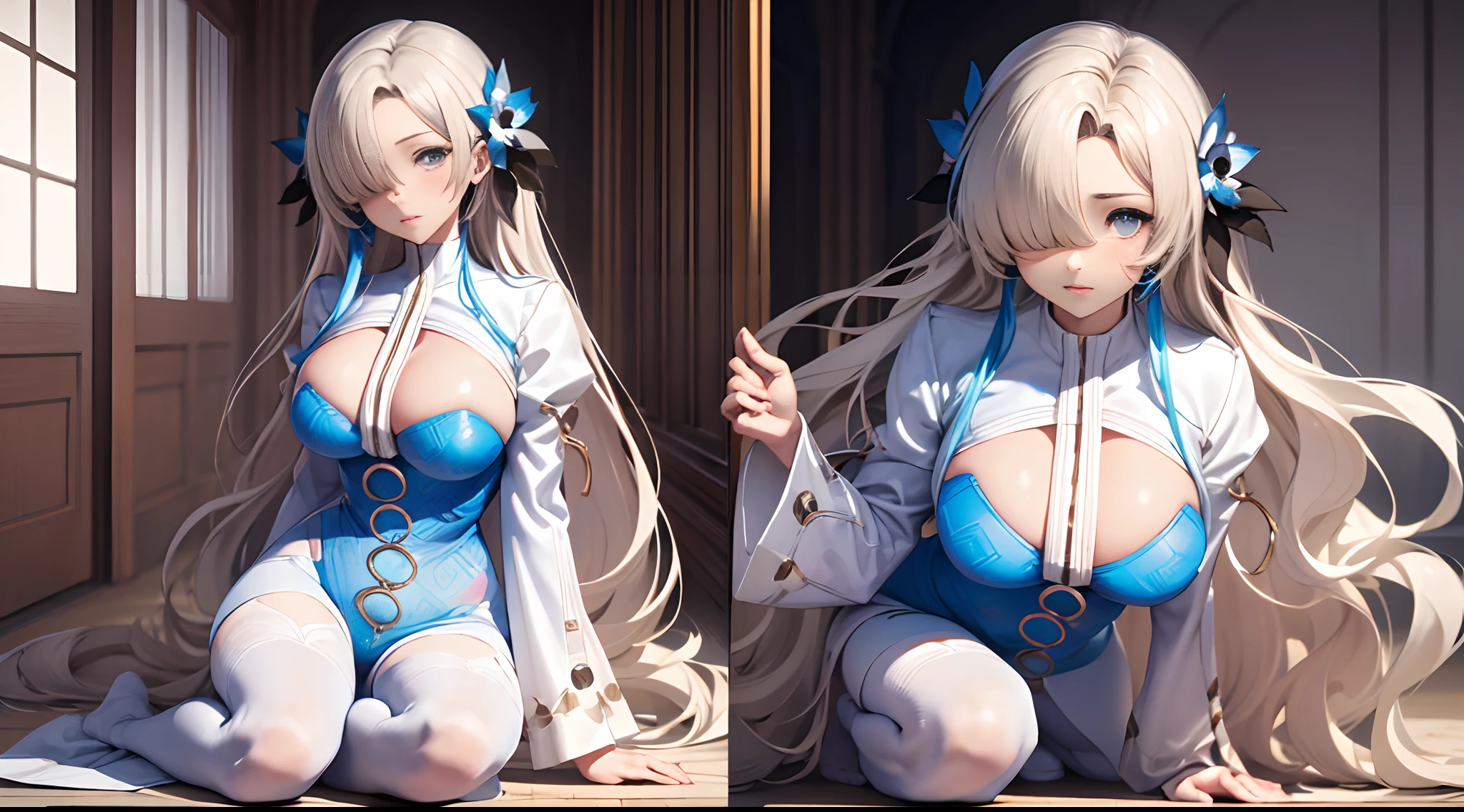 (Enrich the picture,Masterpiece level quality)Beautiful 8K CG artwork,Goddess-like posture,Kneeling exercise,Slim and soft,Translucent skin,White hair、The beauty of extra-long hair, Super Long Straight Hair,The skin is fair and juicy,Big breasts erotic uniform,Perspective Part 1.2x enhanced silhouette effect,Exquisite transparent blues pattern in pajamas,The details are intricate and exquisite,The background is slightly blurred,Charming and lustful leg seduction,Drool,Extra-large big breasts,Blush,Japan goddess,Perfect body slim curves,