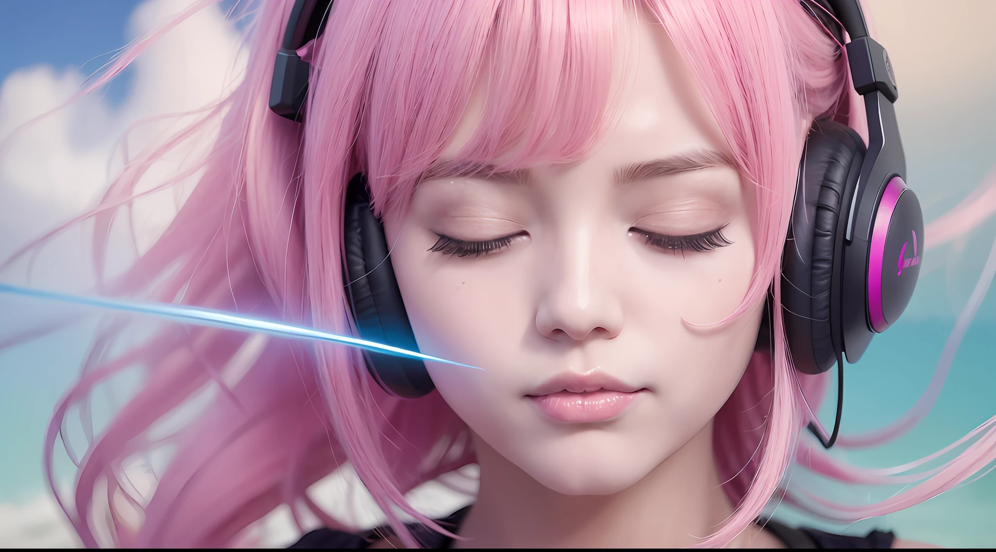 There was a woman with pink hair wearing headphones and a black blouse, anime peripheral, perfect android girl, Guviz-style artwork, close up of a young anime girl, Anime style mixed with Fujifilm, dreamy cyberpunk girl, photorealistic anime girl rendering, Pink headphones, style of anime4 K, belle delphine, cyberpunk anime girl