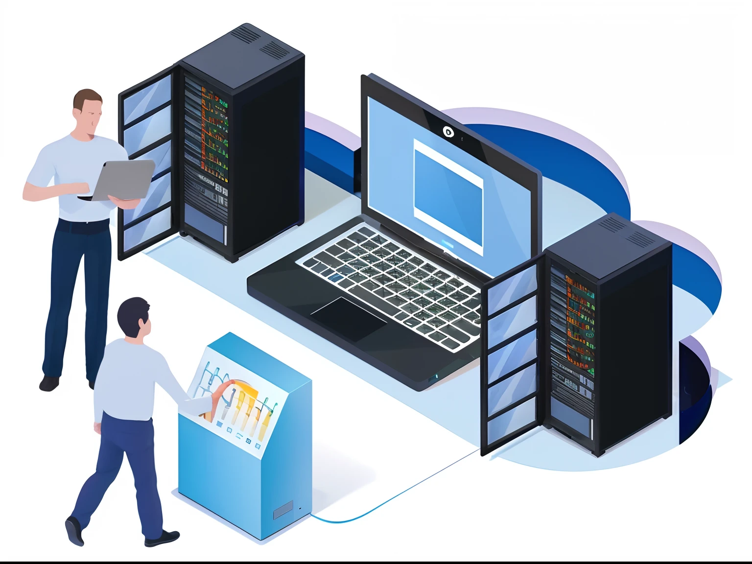 A man stands next to a laptop，Next to him stood a man, in detailed data center, Data Center, extreamly detailed data center, cloud server, Data Center, in realistic data center, In the data center, server, background is data server room, server in the middle,it specialist, server