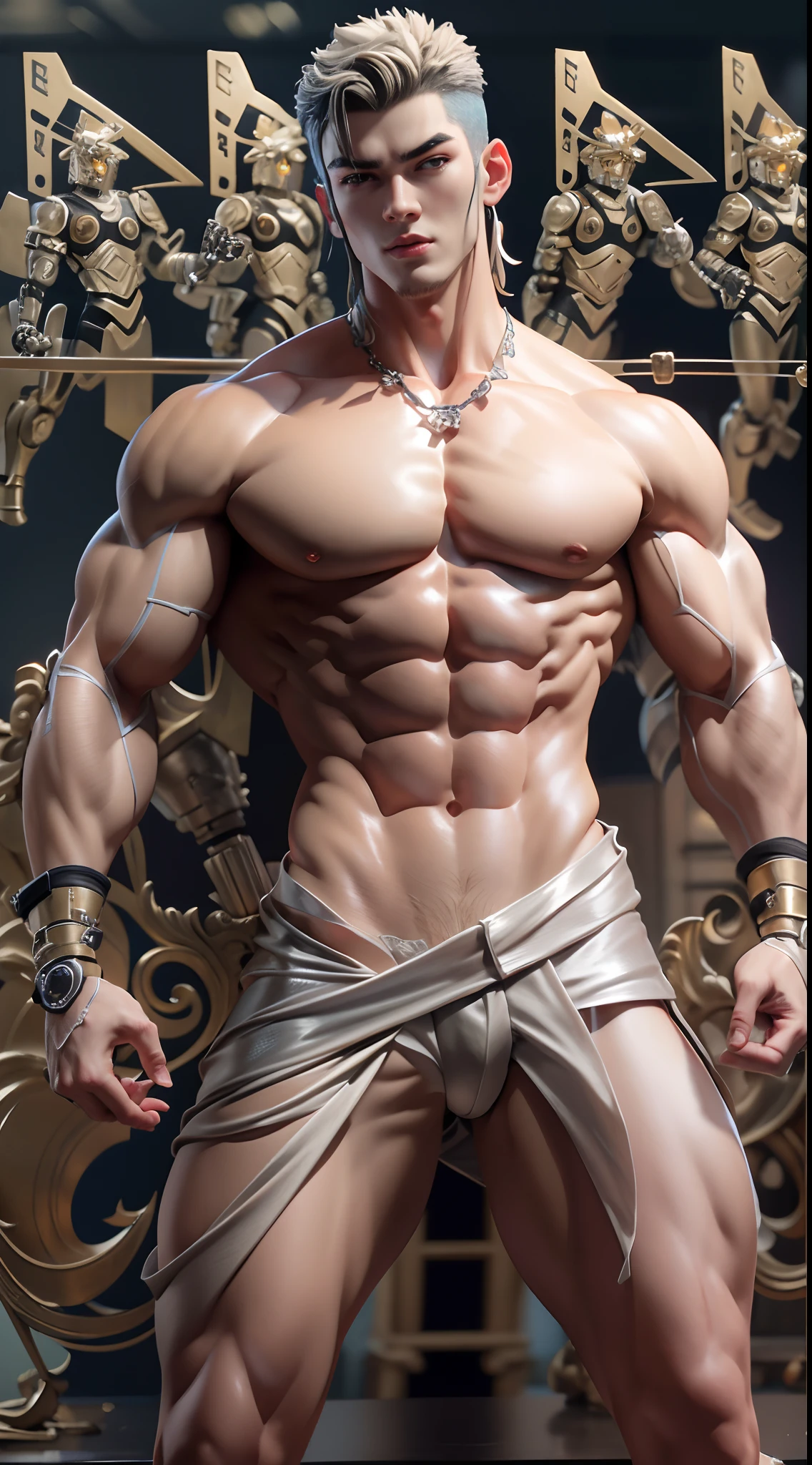 Sculpture design,Figures,GK model,The whole body of the character,Expose muscles,(Exquisite base),Wu Yifan,Handsome cybernetic boy looking at camera lingerie detailed muscular reality masterpiece,musculous