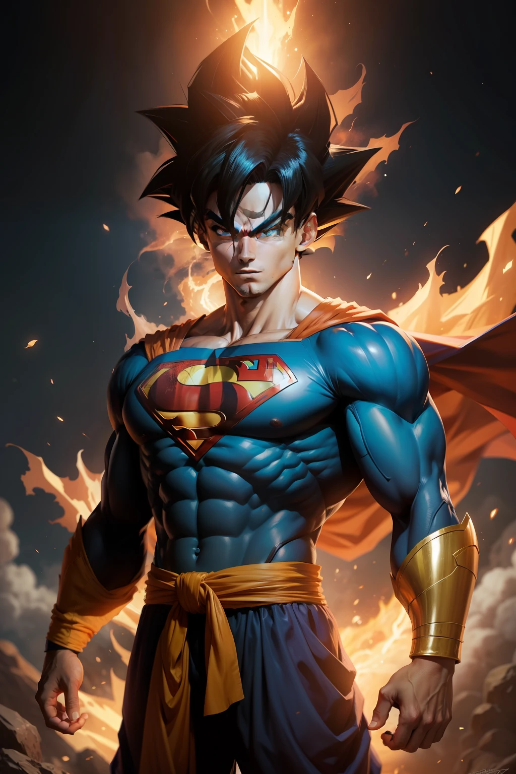 Superman fusion Son Goku (Dragon ball): of superheroes facing cosmic challenges, rosto detalhado, sem erro, olhos detalhados.