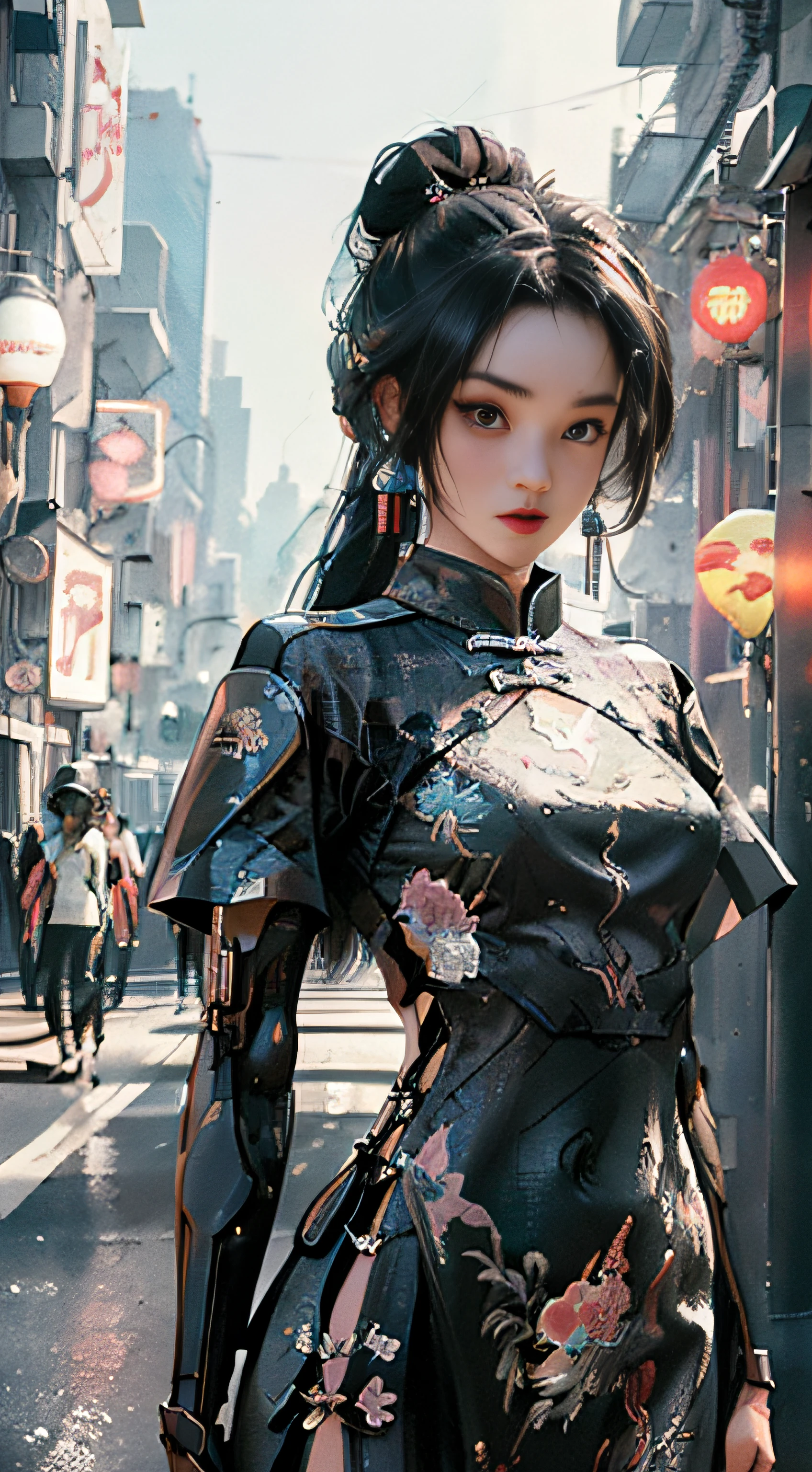 (Master Works :1.5), (Best picture quality :1.5), (Very Fine Detail, 8K, Wallpaper :1.3), Very Fine Detail, High contrast, Complex Detail, physics-based rendering, Best Composition, Whole body, Cyberpunk character Style, Dynamic Styling, 1 girl, Fine brown eyes, Eyeshadow, Makeup, long black hair, Detailed big eyes, looking at the audience, blush, full small lips, red lips, long hair :1.3, upper body, (standing), (Hair accessories :1.1), headwear, Chinese cheongsam, Cyberstyle Cheongsam, blue and pink cheongsam, (Cyberpunk Light :1.1), neon, all mechanical and futuristic elements, technology, the background is a traditional Chinese street, This street with no people, on the street with no people, paper lanterns, neon, Ultra high resolution, (Slim:1.2), dramatic lighting, vibrant detail, Deluxe Cyberpunk, Complex background, octane render, 8k, best quality, masterpieces, illustrations, extremely delicate and beautiful, Very detailed, CG, wallpaper, (realistic, realistic :1.37), Amazing, fine detail, masterpiece, best quality, official art, (Natta :1.5) cowboy shot