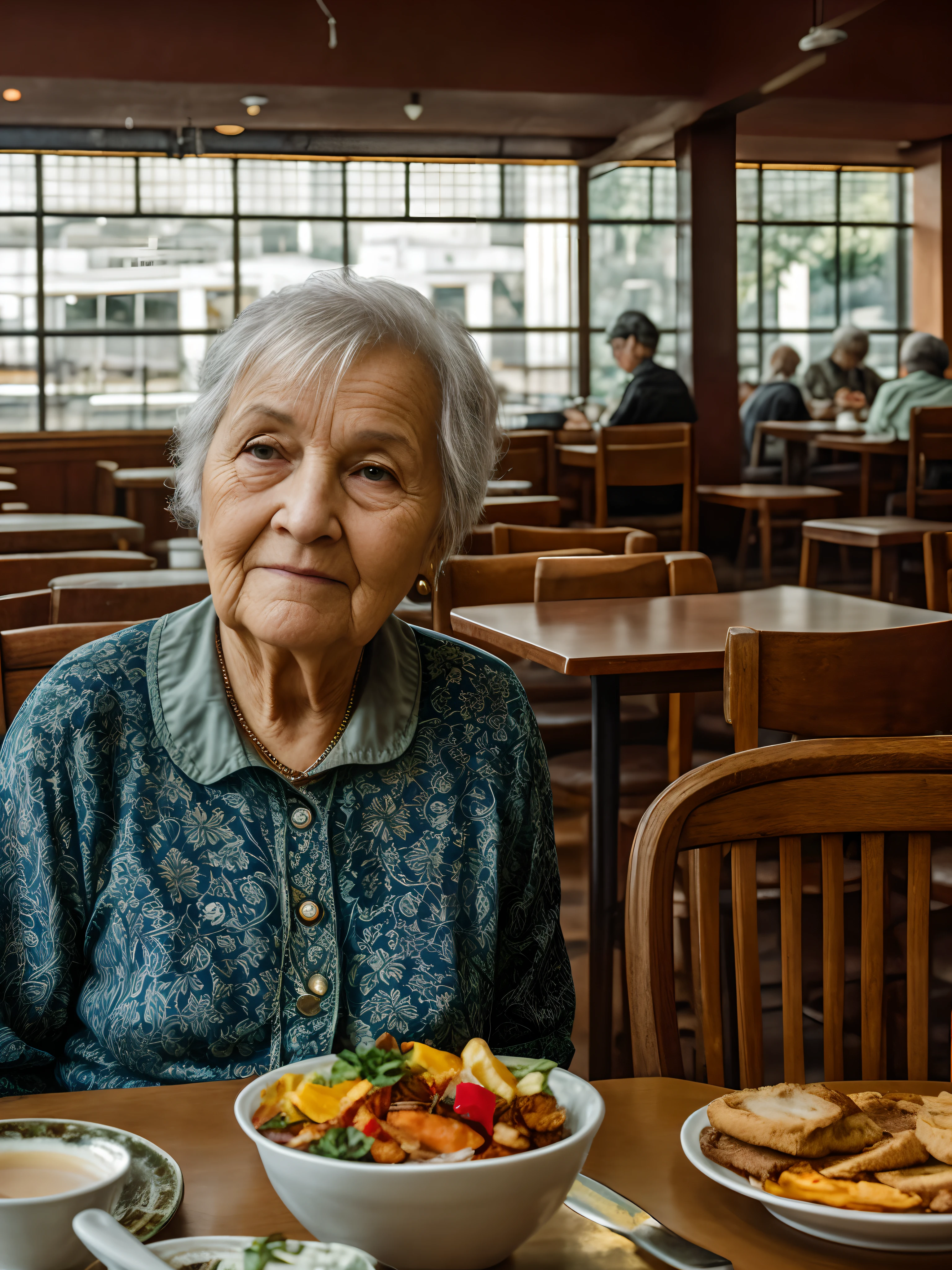 old woman in cafeteria, intricate details, hdr, intricate details, hyperdetailed, cinematic, dark shot, muted colors, film grainy, soothing tones, muted colors, technicolor, (muddy:0.6), (masterpiece: 1.3), fujifilm x3, raw photo