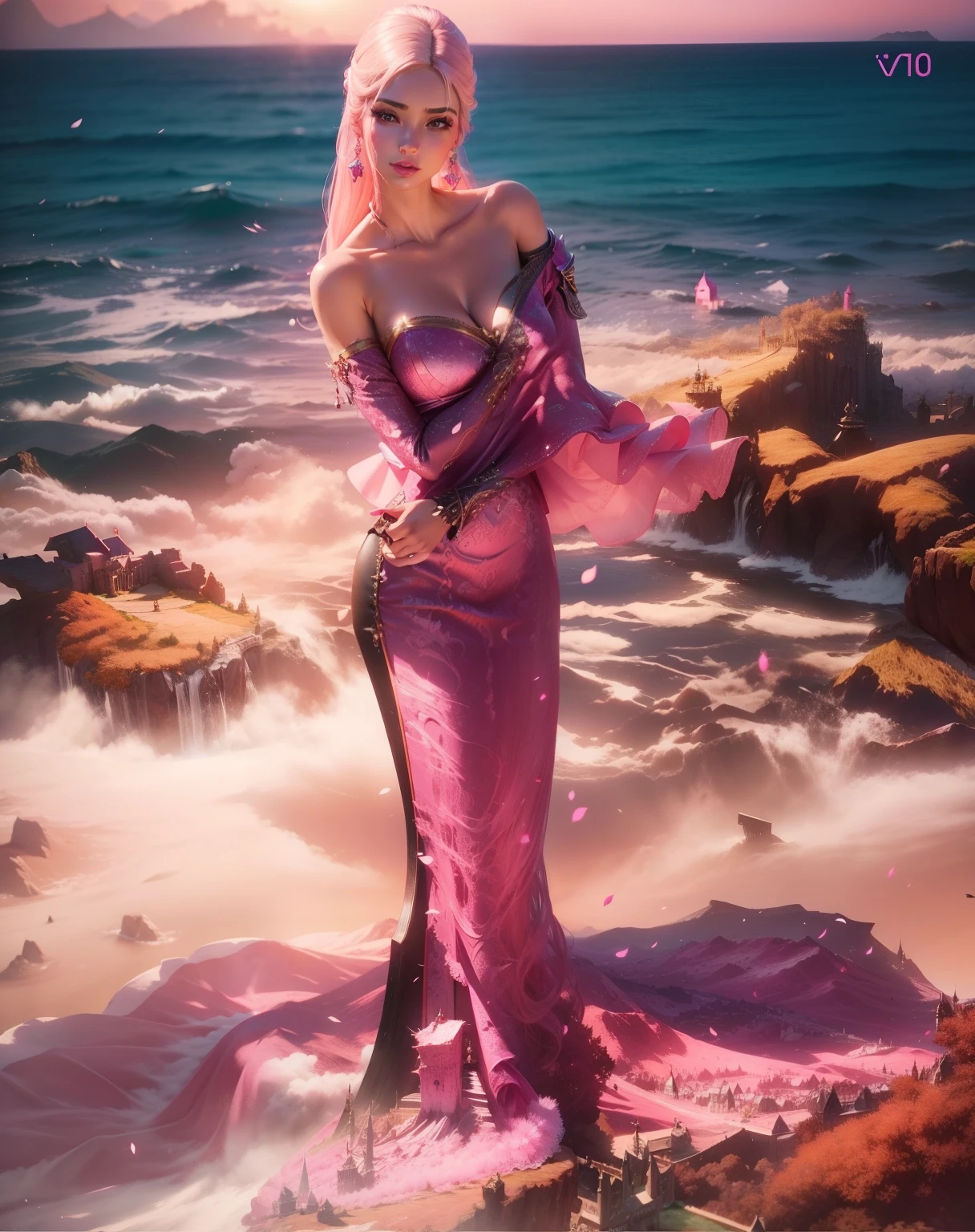 Barbie dress, beautiful gorgeous lady, ultra realistic, background of pink castle, 8k