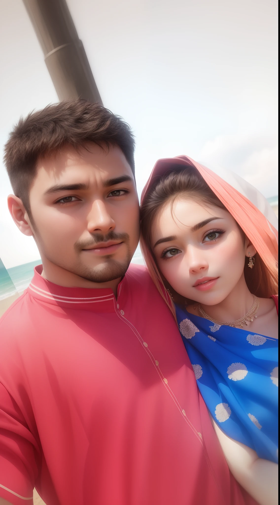 Cute beautiful handsome couple on beach sunset sharp Bokeh backlight sunlight yellow background boyfriend and girlfriend
