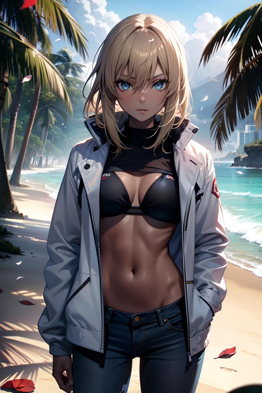 incredibly absurd, best quality, free fit, anime character, girl, 18 years old, Gyaru, Tomboy, black skin, blonde hair, mordred haircut, blue eyes, white bikini, white panties, jeans jacket, happy, holding beer on the beach, 4k (detailed background with swirling rose petals in dark gloomy atmosphere). CG, unity, Wallpaper 4k, highly detailed