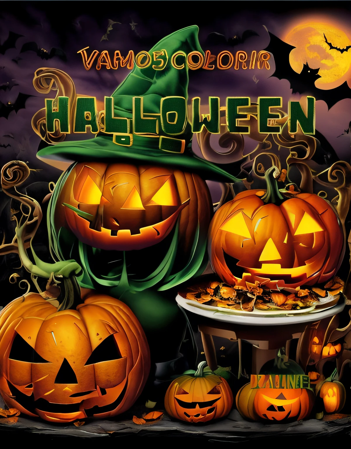 A closeup of a Halloween poster with pumpkins and a witch hat, dia das bruxas, tema dia das bruxas, Directed by: Veronica Ruiz de Velasco, estilo de arte de dia das bruxas, Atmosfera de Halloween, halloween celebration, Directed by: Victor Manuel Garcia Valdes, ❤🔥🍄🌪, Directed by: Alonso Vazquez, imagem colorida, Directed by: Ramon Silva, filme de dia das bruxas((( destacar com cores neutras a titulo Halloween ))) imagem com alta qualidade