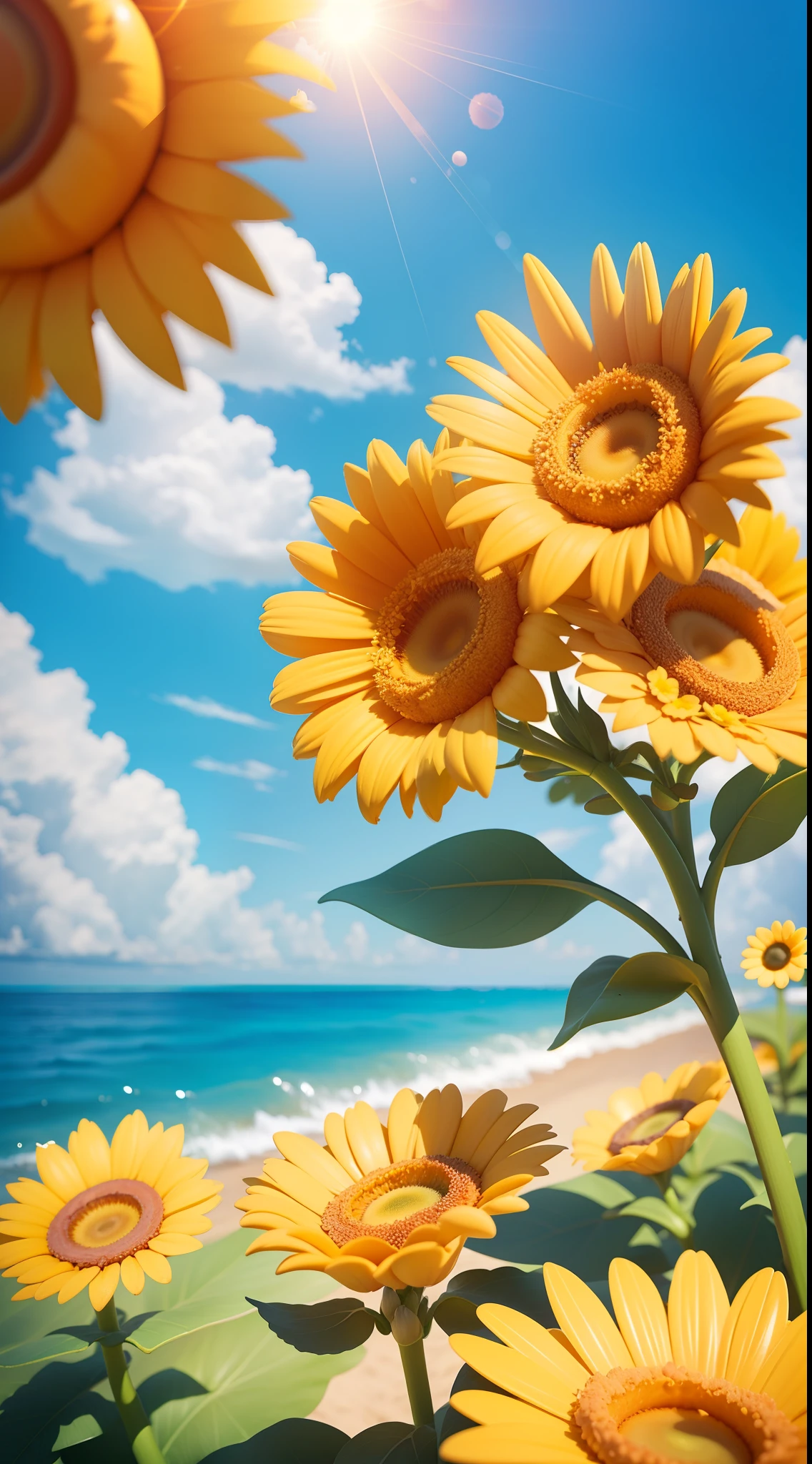 Summer clouds, small sun flowers sunny weather ,sky, sunny, colorful, happy and happy summer vacation, simple picture, close-up, brilliant sunshine, distant waves, visual impact, 3D DreamWorks style,