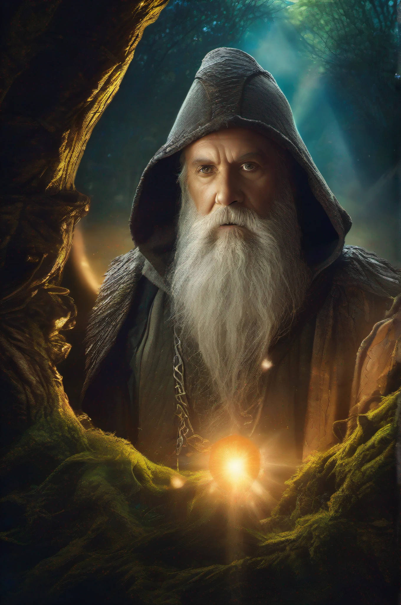 shannara chronicles, hobbit, backlit intricate dramatic portrait of an old
bearded wizard casting a spell, perfect symmetric eyes, night, moonlight,
concept art Magali Villeneuve, Marc Simonetti, abstract colors, texture skin pores, background medieval fantasy forest, cinematic movie still frame, film grain, sharp focus on face