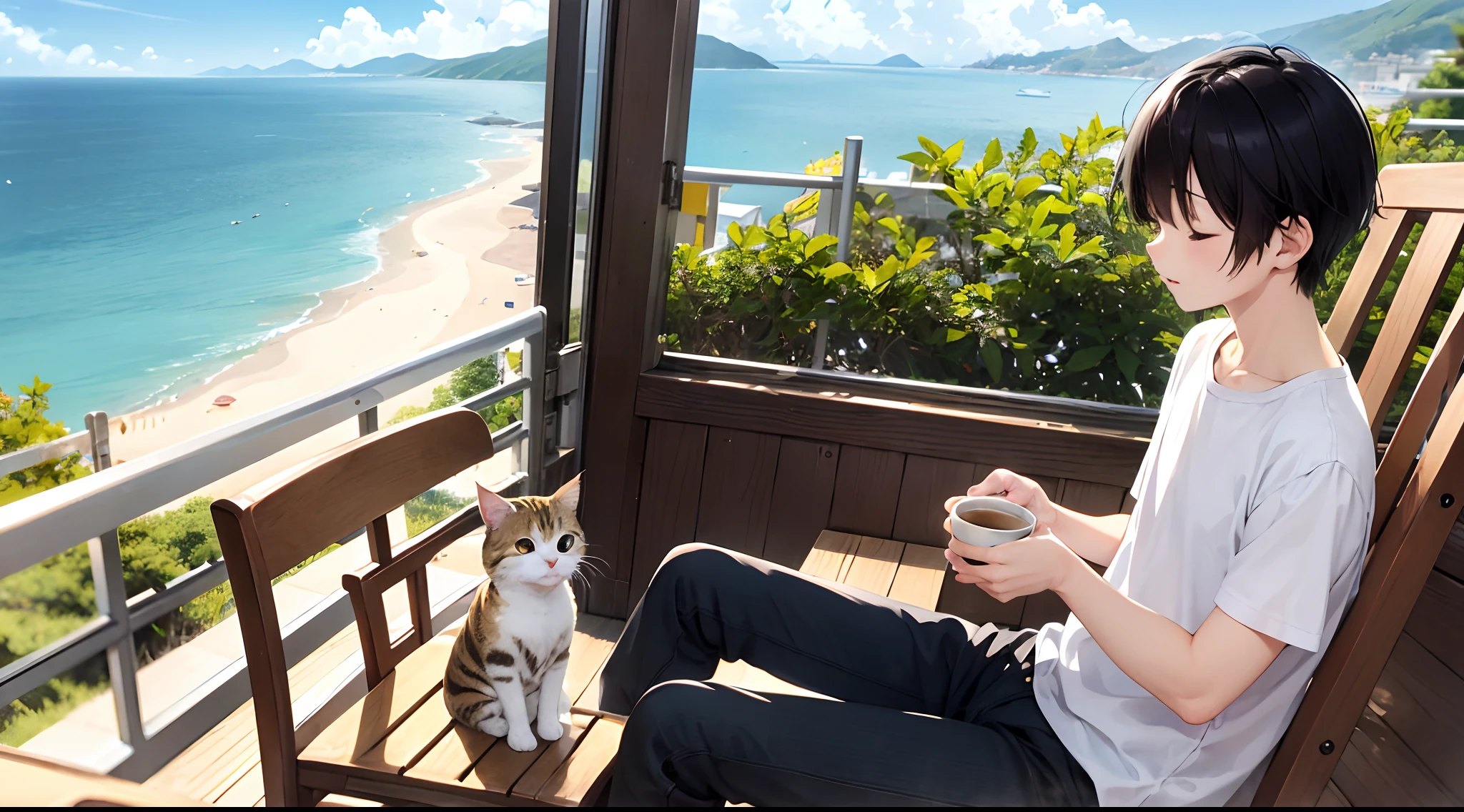 Sunny days、With one cat、On a very high hill with a view of the sea、While sitting in a rocking chair、White shirt and、wearing black trousers、Brew coffee while looking at the sea、Short-cut man with black hair。