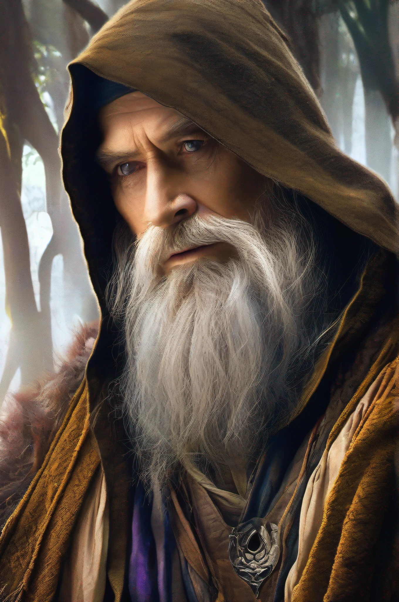 shannara chronicles, hobbit, backlit intricate dramatic portrait of an old
bearded wizard casting a spell, perfect symmetric eyes, night, moonlight,
concept art Magali Villeneuve, Marc Simonetti, abstract colors, texture skin pores, background medieval fantasy forest, cinematic movie still frame, film grain, sharp focus on face