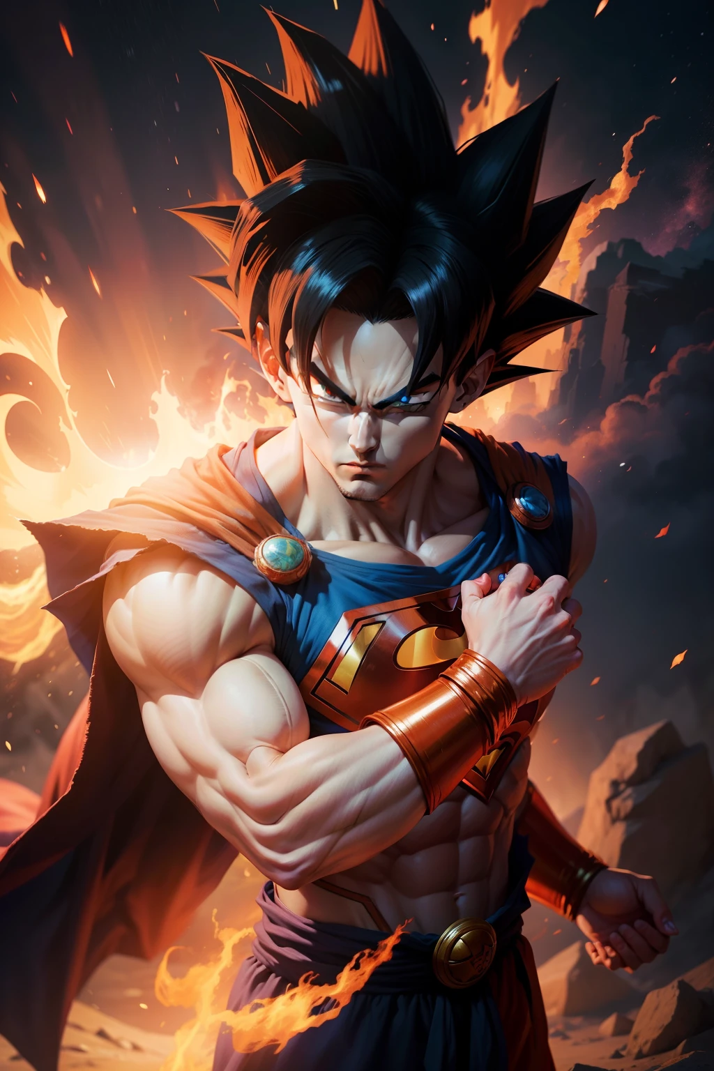 Superman fusion Son Goku (Dragon ball): of superheroes facing cosmic challenges, rosto detalhado, sem erro, olhos detalhados.