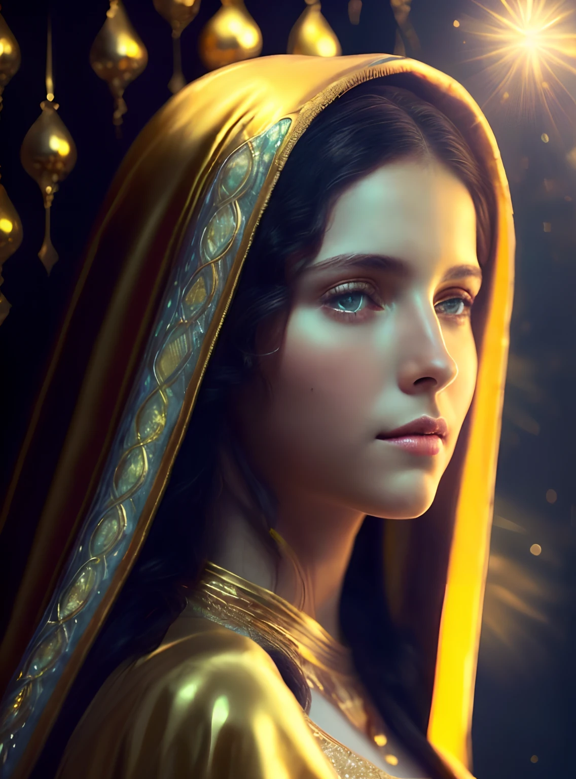 (((Saint Virgin Mary. 19 years old))) ((( Con una cara seria y piadosa. Con una mirada dulce y tierna))) (obra maestra, calidad superior, mejor calidad, arte oficial, beautiful and aesthetic: 1.2), (1girl), extremadamente detallado, (Arte fractal: 1.3), colorido, highest detailed, Cara perfecta, parte superior del cuerpo, HDR, (orando: 1.3), (golden lines of white coat: 1.2), galaxia, (rayas de luz), eye-catching visuals, (dynamic stripes, senderos luminosos: 1.2), colores vibrantes,