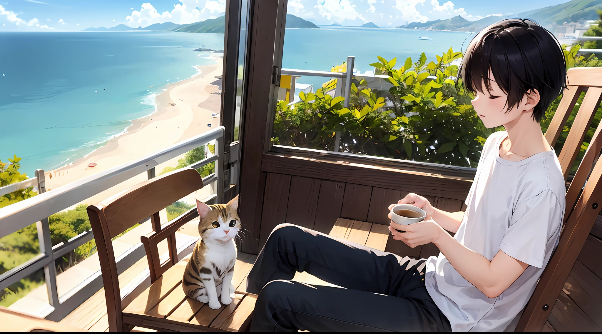Sunny days、With one cat、On a very high hill with a view of the sea、While sitting in a rocking chair、White shirt and、wearing black trousers、Brew coffee while looking at the sea、Short-cut man with black hair。