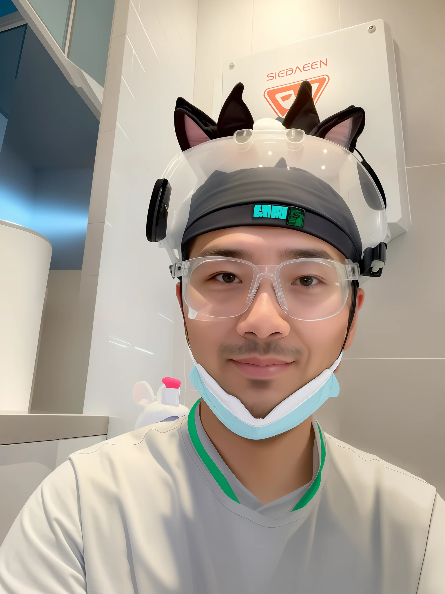 Arafeld man wearing a cat hat and goggles in the bathroom, wearing a strange hat, 8k selfie photograph, 2 9 years old, wearing a silly hat, wearing cybernetic bunny ears, 2 8 years old, 2 7 years old, 3 2 - year - old, dent wu, 3 6 years old, # overclocking, #overclocking, wearing transparent glass mask
