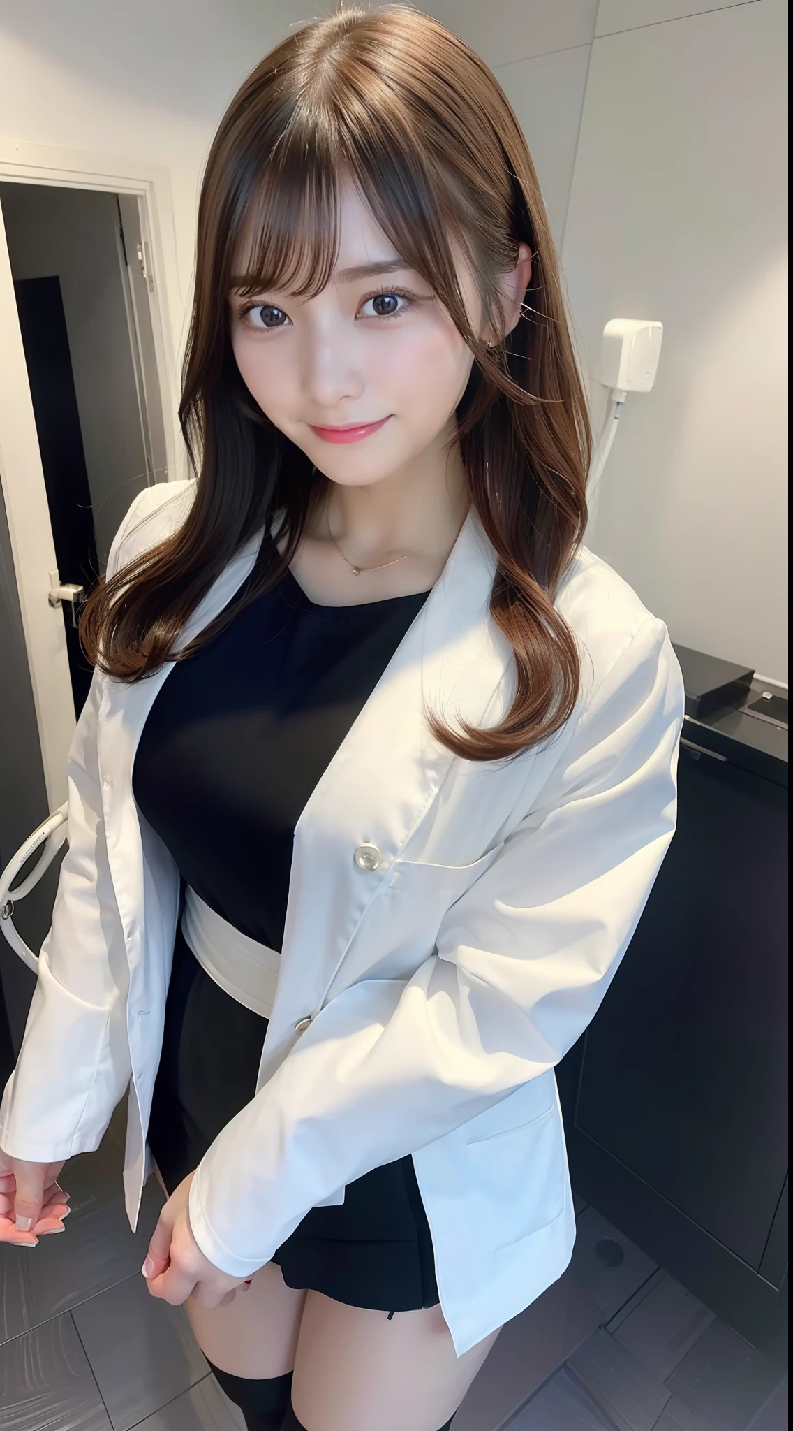(8k, RAW photo, best quality, masterpiece: 1.2), (realistic, realistic: 1.37), ultra-high resolution, photon mapping, teleportation, physically based rendering, 1 girl, (brunet: 1.3), detailed face, detailed eyes, huge breasts, shiny skin, (pureerosface_ v1:1.0), Standing, looking at the audience, (light smile cute: 1.2), (happy), healing cute, (hospital ward: 1.2), (evening: 1.2), (dark theme: 1.5),Doctor's white coat,stethoscope,black stockings,