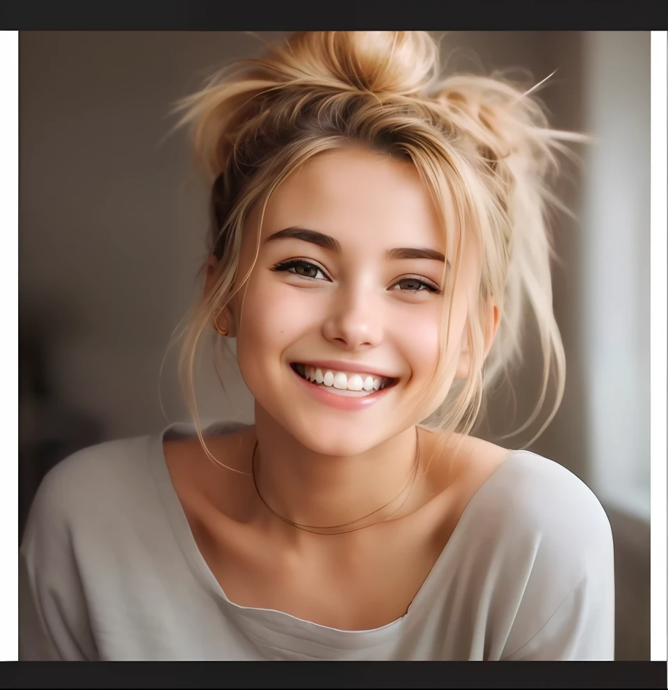 Amine character, a close up of a woman with a messy hair and a smile, beautiful and smiling, girl with messy bun hairstyle, perfect smile, lovely smile, smiling girl, cute young woman, beautiful smile, cute seductive smile, pretty smile, huge smile, beautiful smiling face, cute woman, cute smile, perfect smile vogue, crazy seductive smile, she is smiling