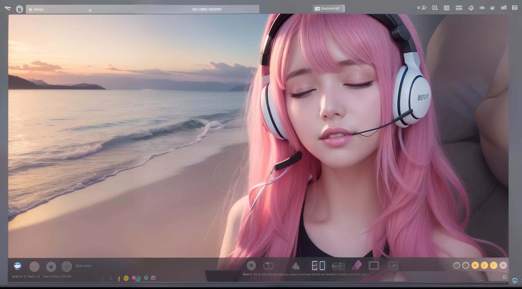 Woman with peace sense headset,closing her eyes,beauitful face,RGB color,Anime pink hair,YouTube video banner,happy girls,RGB color cloud,Bright RGB colors,beachside。