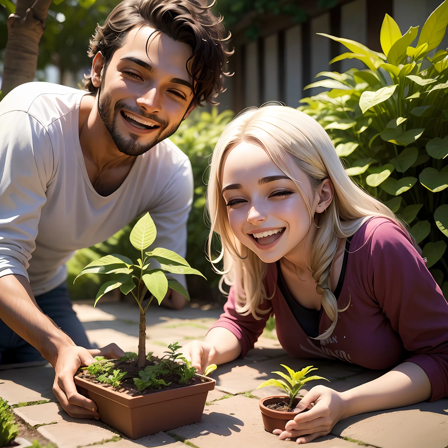 Pessoas felizes e sorridentes cuidando com carinho de suas plantas em um jardim ensolarado. --auto