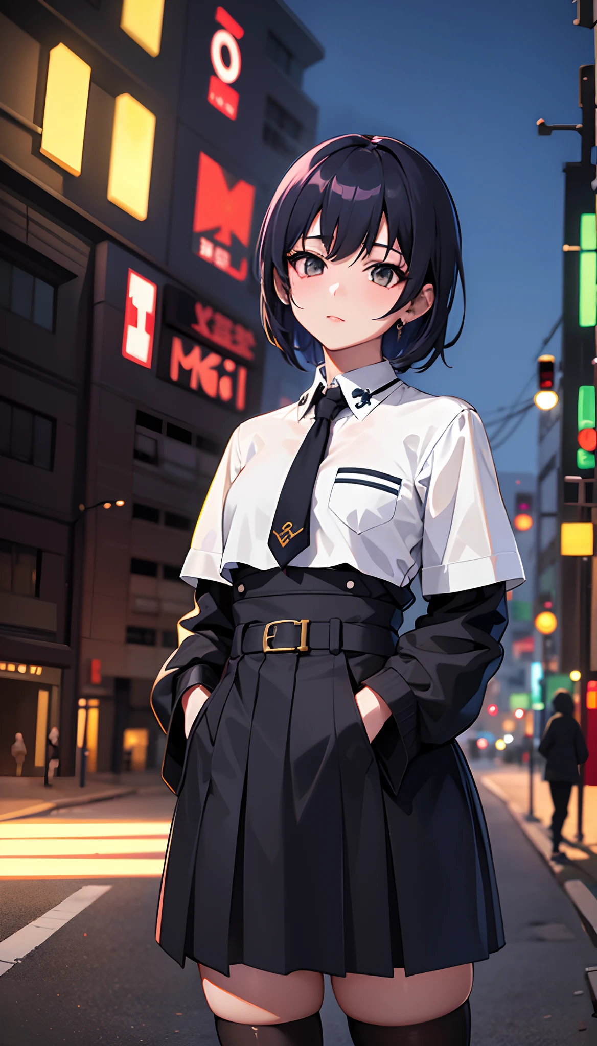 Anime girl with almost short hair standing on a city street, estilo anime 4K, estilo anime. 8k, menina lofi, Arte no estilo de Guweiz, Elogio Artstyle, estilo de anime limpo e detalhado, anime vibes, illustration Anime style, estilo de arte anime, Digital anime illustration, Guweiz, estilo anime moderno, anime aesthetic