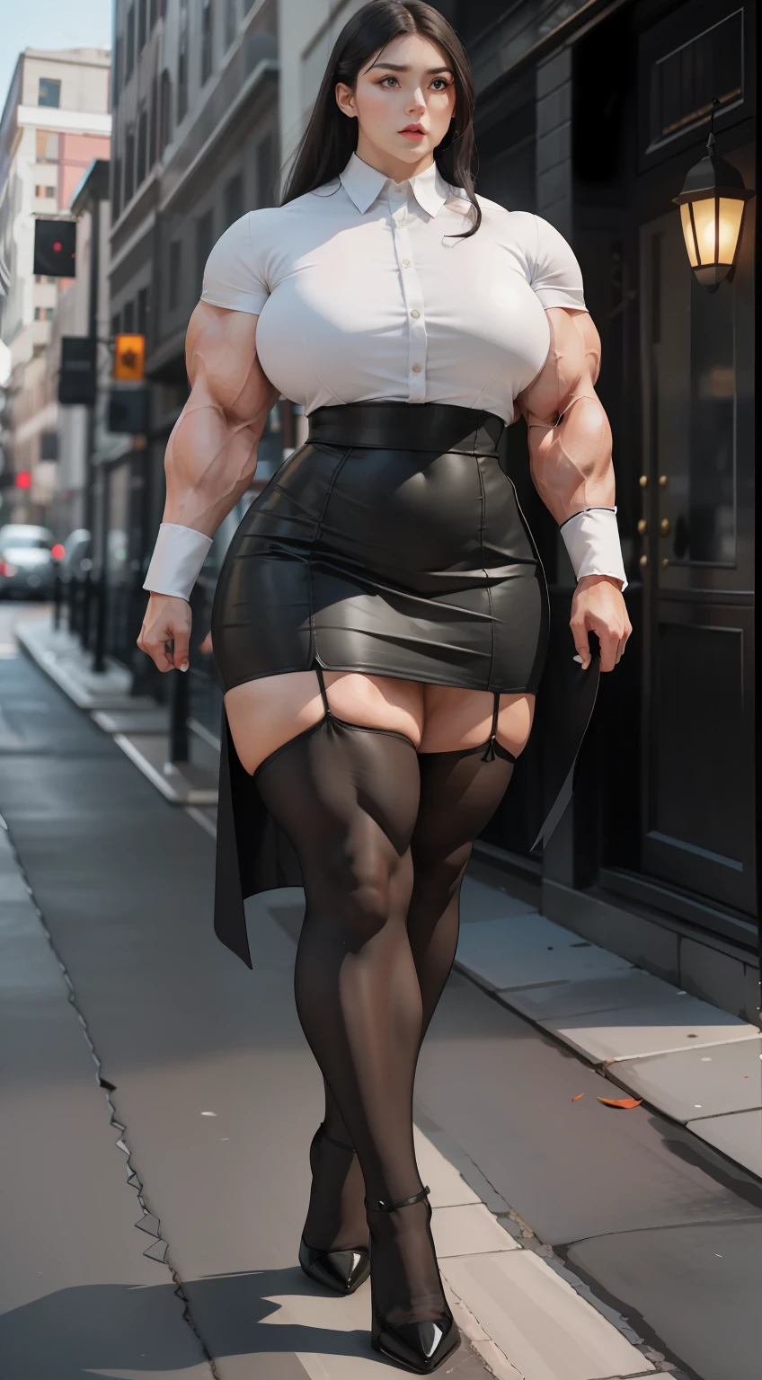 tmasterpiece,(Full body like:1.1),Burly woman,walking pose,Exaggerated large muscles,The shirt,blackstockings,Pointed-toe heels,Beautiful and charming woman face,largeeyes, 1female,Thin waist,Very broad shoulders, Strong and powerful arms,Stout arms,Strong and powerful leg muscles,thick leg,long leges