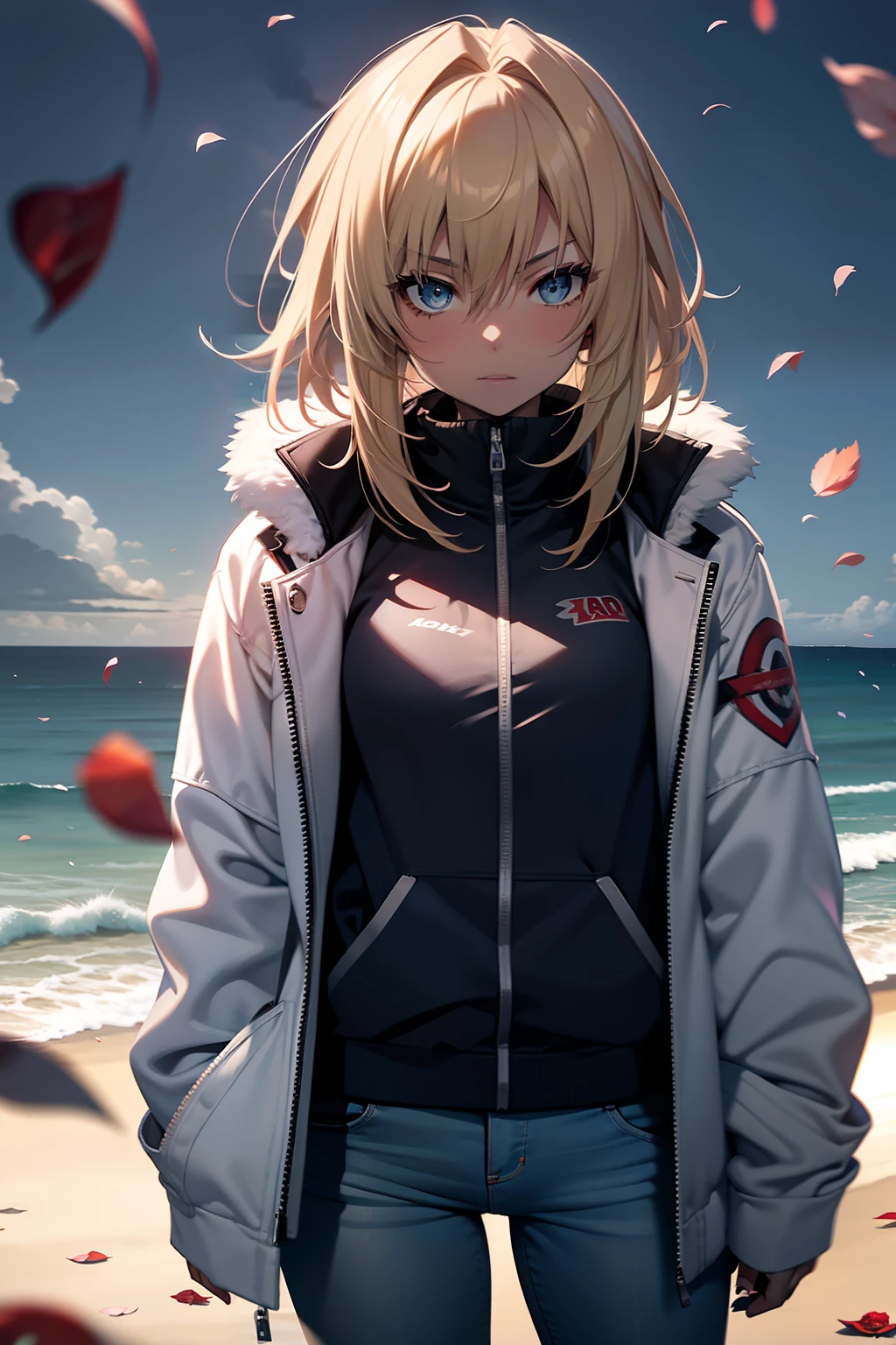 incredibly absurd, best quality, free fit, anime character, girl, 18 years old, Gyaru, Tomboy, black skin, blonde hair, mordred haircut, blue eyes, topless,  white panties, jeans jacket, happy, holding beer on the beach, 4k (detailed background with swirling rose petals in dark gloomy atmosphere). CG, unity, Wallpaper 4k, highly detailed