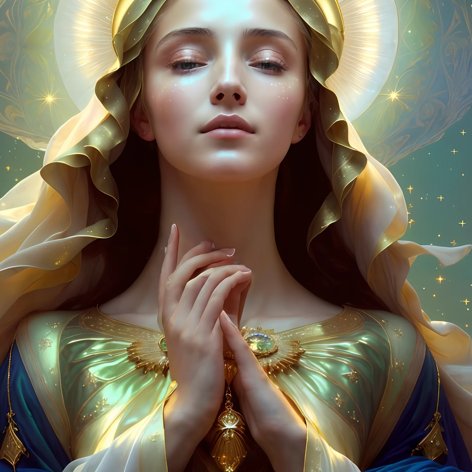 (((Saint Virgin Mary. 19 years old))) ((( Con una cara seria y piadosa. Con una mirada dulce y tierna))) (obra maestra, calidad superior, mejor calidad, arte oficial, beautiful and aesthetic: 1.2), (1girl), extremadamente detallado, (Arte fractal: 1.3), colorido, highest detailed, Cara perfecta, parte superior del cuerpo, HDR, (orando: 1.3), (golden lines of white coat: 1.2), galaxia, (rayas de luz), eye-catching visuals, (dynamic stripes, senderos luminosos: 1.2), colores vibrantes,
