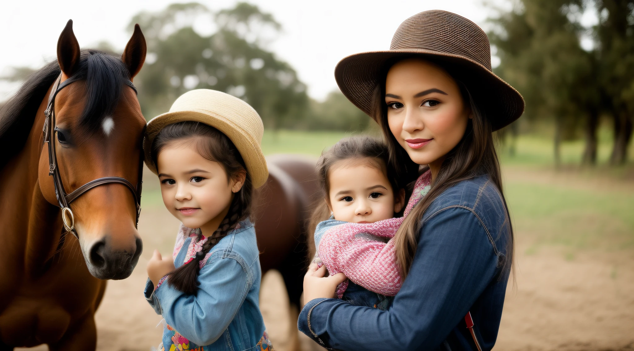 estilo russo, Girl children, retrato , DARK long hair braids with hat, estilo fazendeira, com rolos de feno e trigo e cavalo, Celeiros, Laranjas.