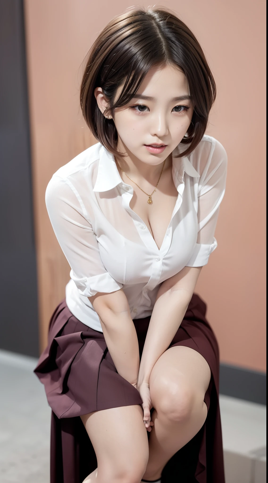 (8K), (Best Definition: 1.2), (Realistic), (Photorealistic: 1.37), Ultra High Definition, 1 Girl, Cute, Smile, Closed Mouth, Beautiful Details, Beautiful Nose, Full Body, Wet Hair, Colossal Darcefo, School Uniform, Thighs, Korean Beauties, 25 Years Old, Japan School Uniform, Shirt to Cleavage, K-pop Idol, Short Hairstyle, Short Shortcut, Brown and golden mesh hair color, red tie