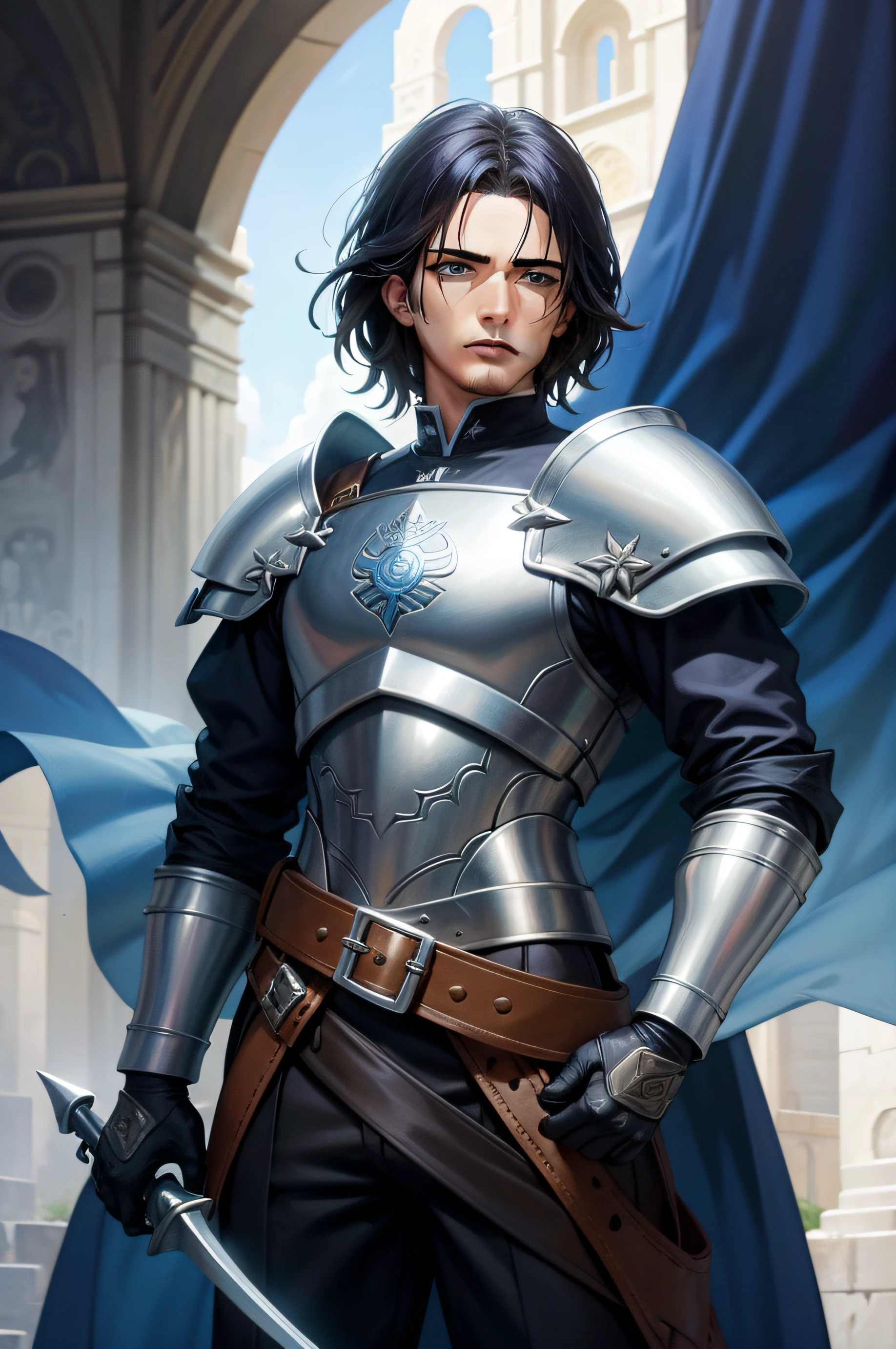 Orlando Bloom con una armadura cruzada, cruzado, caballero medieval, sosteniendo una espada templaria, Obra maestra, Disco duro, retrato, 1 hombre, Mirando al frente, solo,