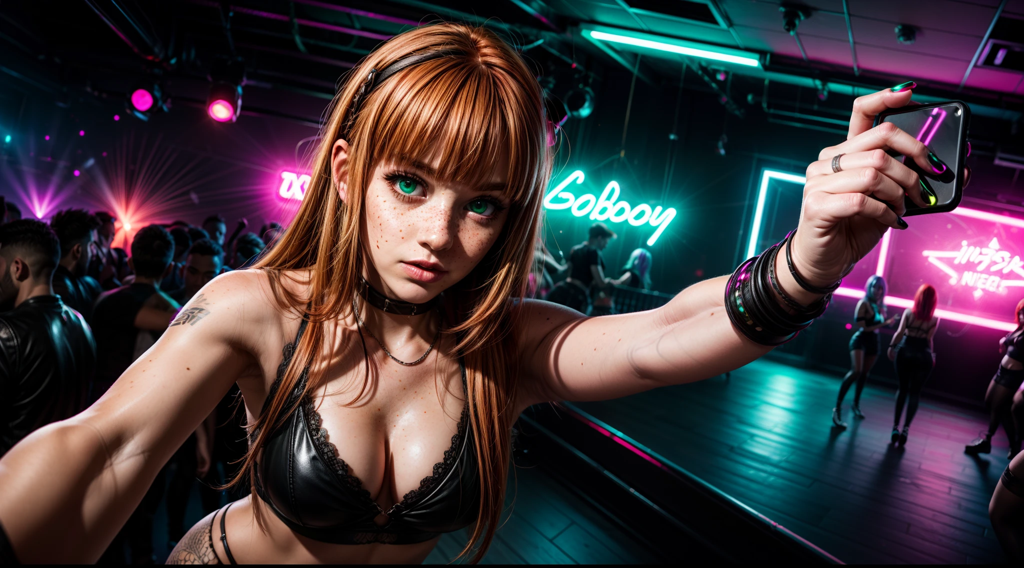 realistic, photoshoot, selfie, pale woman with ginger hair, blunt bangs, cybergoth outfit, nightclub, neon lighting, strobo light, dancefloor, rhythmic, green eyes, freckles,