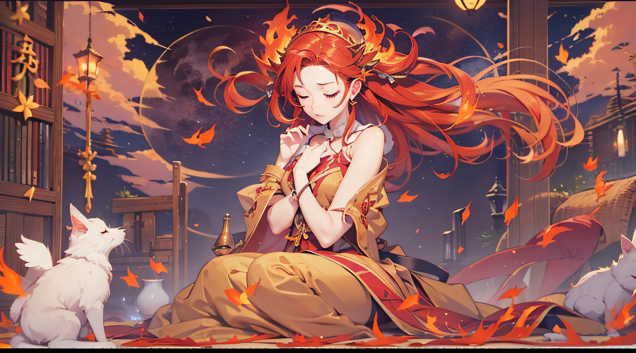 Fiery redhead long enchanted fire spirit goddess sleepy、Get into a sleeping position、full bodyesbian