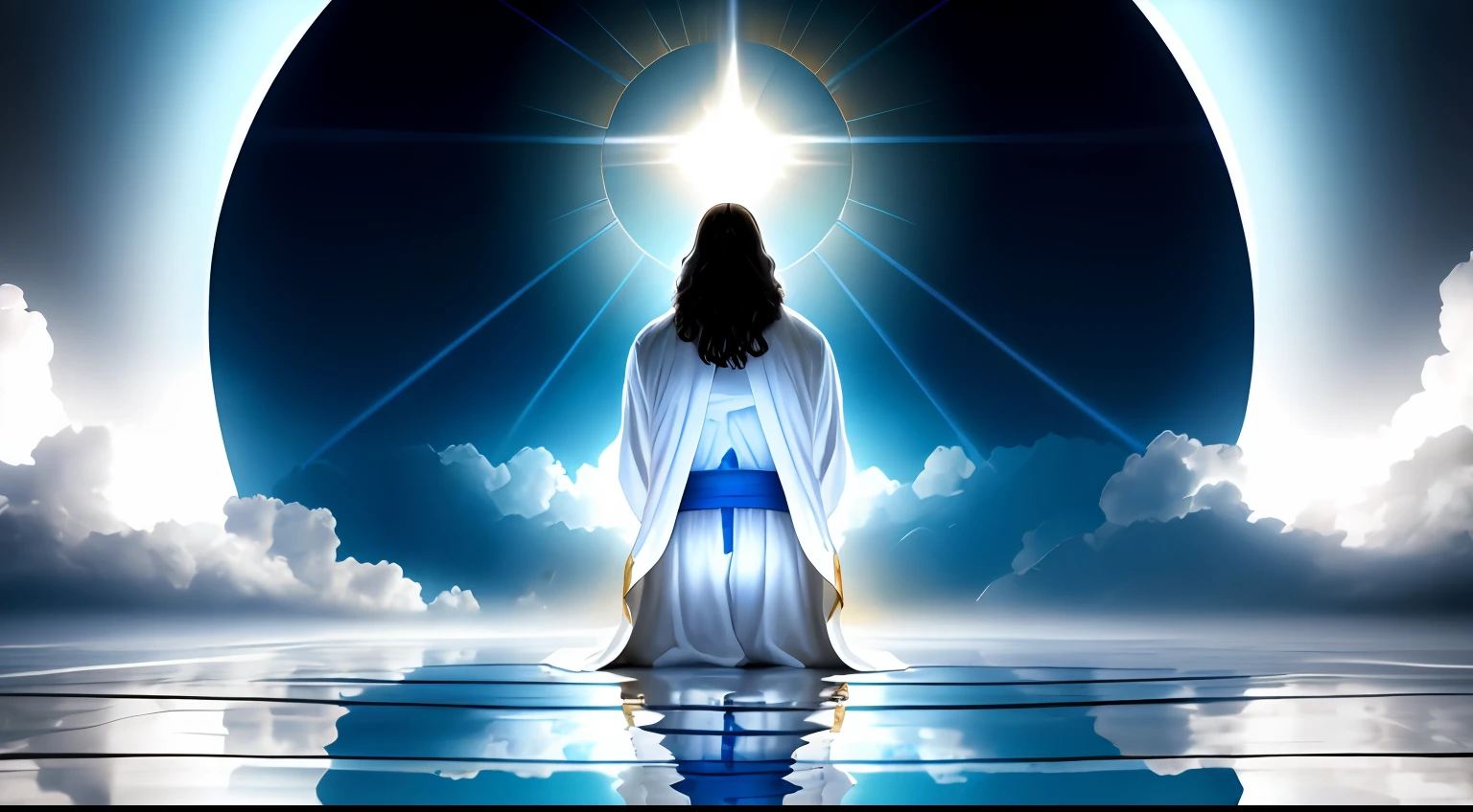 jesus meditando, Jesus in a white robe, com detalhes azul, jesus semblante calmo, imagem realista, Expressionismo, relationship graphic, reflection light, Backlighting, UHD