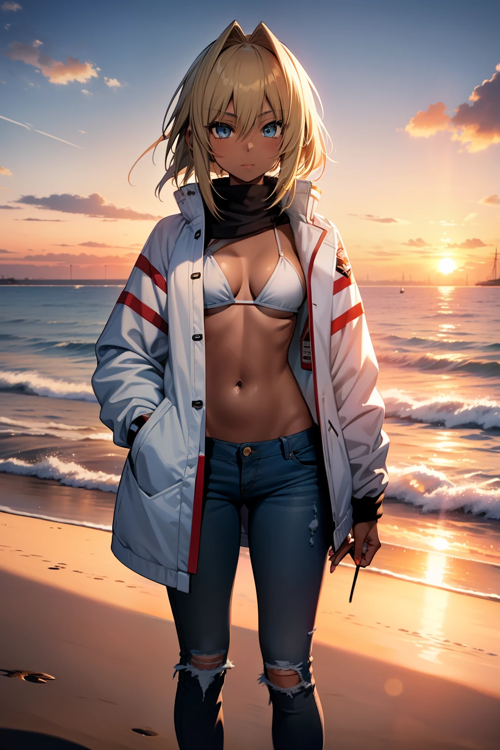 incredibly absurd, best quality, free fit, anime character, girl, 18 years old, Gyaru, Tomboy, black skin, blonde hair, mordred haircut, blue eyes, white bikini, white panties, jeans jacket, happy, holding beer on the beach, 4k (detailed background with cold sunset). CG, unity, Wallpaper 4k, highly detailed