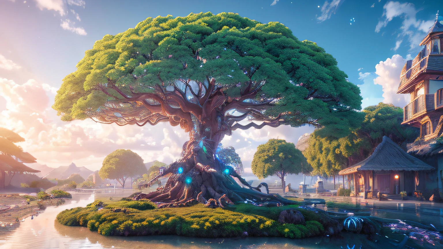 masterpiece, best quality, high quality, extremely detailed CG unity 8k wallpaper, a hyperrealistic colossal cyan raintree, in a futuristic prehistoric village, splashing water, sandy debris, lens flares, sunshaft, fluffy clouds, Hyperdetailed, HDR, bloom, Photorealistic, hyperdetailed