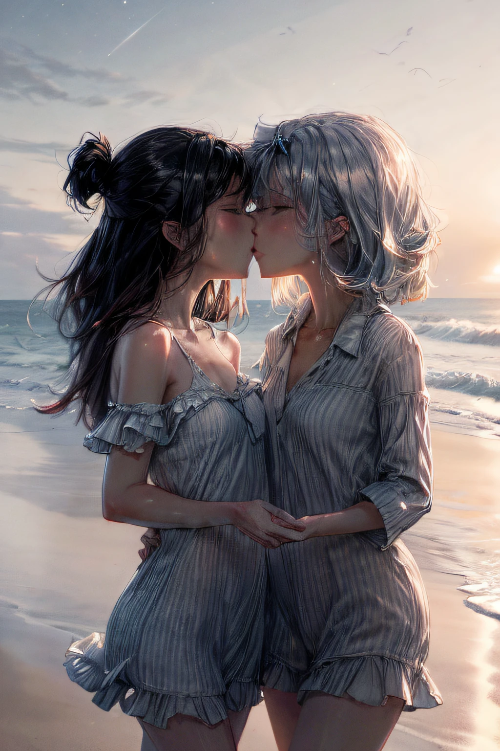 On a moonlit beach, two women walk hand in hand along the shoreline, the waves gently lapping at their bare feet. The silvery light reflects off the water, casting a romantic glow on their faces. With the stars twinkling above and the distant sound of crashing waves, their lips meet in a tender kiss filled with longing and connection. The salty breeze carries their laughter and the scent of the sea, enveloping them in a serene and passionate moment. The scene is captured in a dreamy, soft-focus style using pastel colors and gentle brushstrokes, conveying the timeless nature of their love.