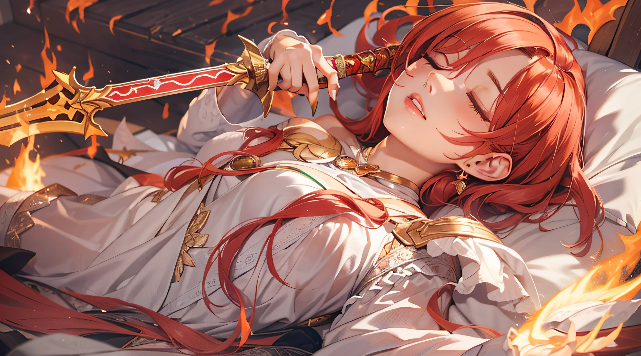Fiery redhead long enchanted fire spirit goddess sleepy、Get into a sleeping position、full bodyesbian