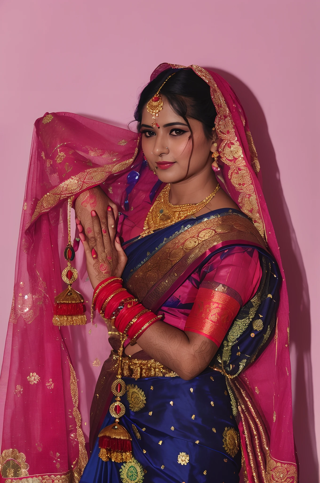 araffe woman in a blue and pink sari posing for a picture, traditional beauty, wearing bihu dress mekhela sador, photo of a woman, wearing traditional garb, traditional makeup, indian, very very beautiful woman, bride, female dancer, dressed in a sari, candid photograph, very beautiful girl, photo taken with nikon d 7 5 0