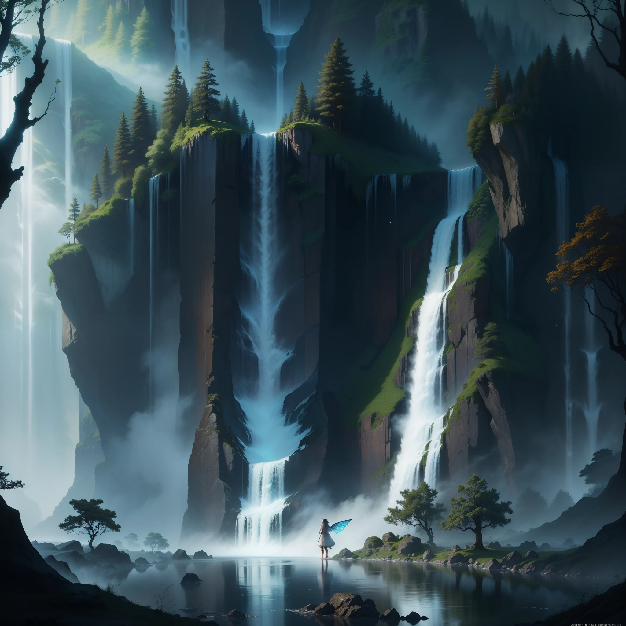 8k super detailed, Picture a scene in an enchanting forest, illuminated by the soft glow of the moonlight, with a magnificent waterfall cascading nearby. A water fairy, with pointed ears and delicate wings shimmering in the night, having vigorous rough sex with a handsome human male. Their eyes meet with intense emotion, a connection that transcends worlds. The waterfall's mist surrounds them