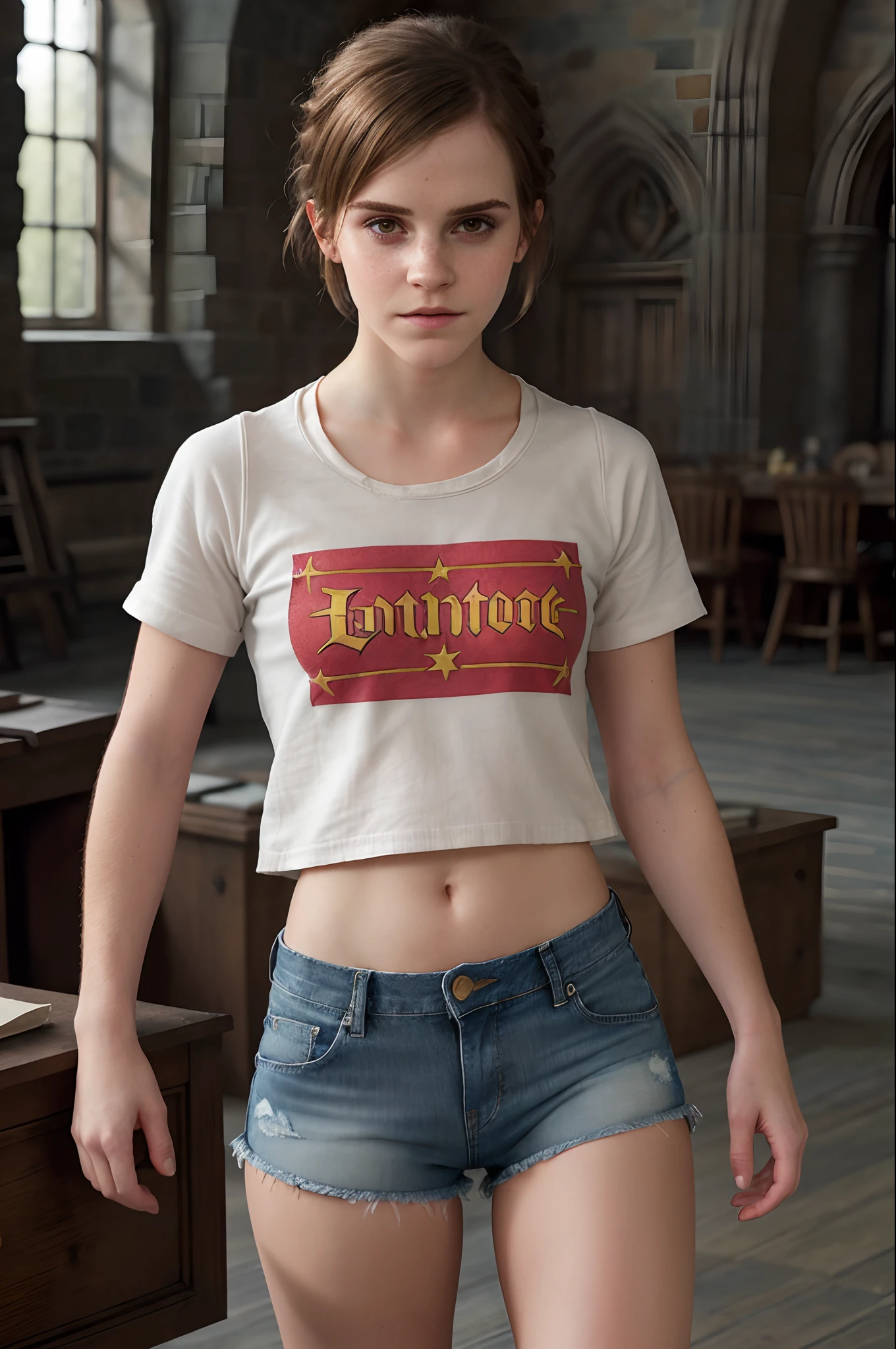 Create an ultra-realistic full-body representation of Emma Watson, complete with wrinkles and frown lines, dressed as Hermione from Harry Potter. Crafted with ultra-detail of masterpiece quality, show it off with a super-hero print cropped top and open denim shorts, with red panties peeking out, with all-star sneakers, inside Hogwarts Castle.