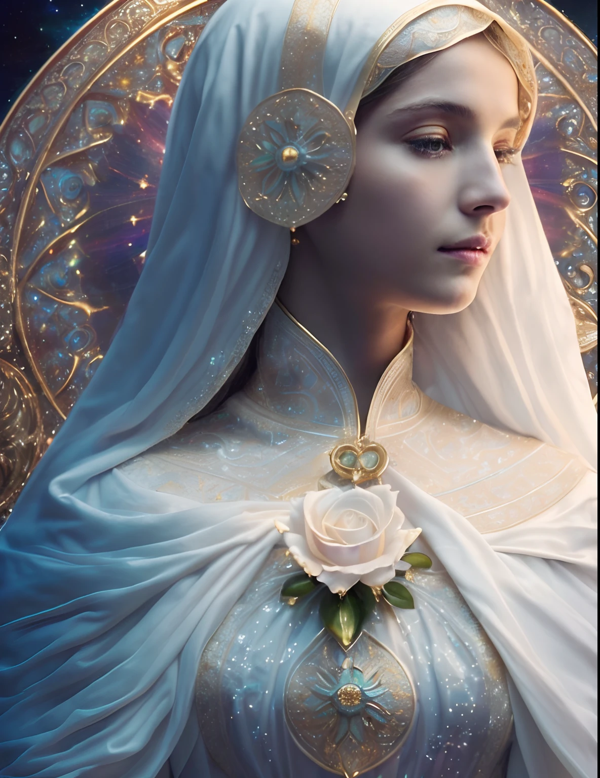 (((Saint Virgin Mary. 19 years old))) ((( Con una cara seria y piadosa. Con una mirada dulce y tierna))) (obra maestra, calidad superior, mejor calidad, arte oficial, beautiful and aesthetic: 1.2), (1girl), extremadamente detallado, (Arte fractal: 1.3), colorido, highest detailed, Cara perfecta, parte superior del cuerpo, HDR, (orando: 1.3), (golden lines of white coat: 1.2), galaxia, (rayas de luz), eye-catching visuals, (dynamic stripes, senderos luminosos: 1.2), colores vibrantes,