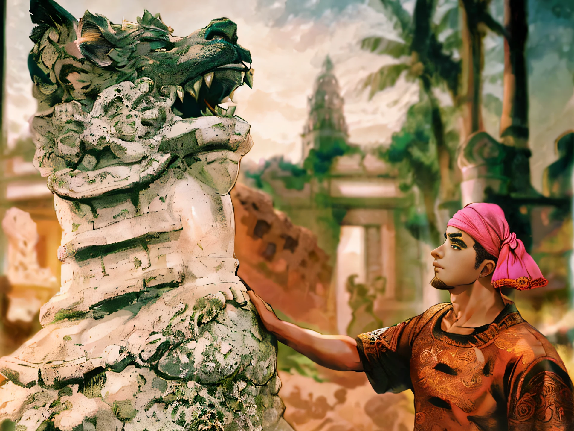 1 man standing next to a stone statue of a mythical lion, at an ancient city, handsome face with detailed facial features, focus on his beautiful nose and chin, viewer is on the left side of him, his hand is touching the lion statue, wearing a reddishbrown colour traditional men tai shirt, pink turban around his head, he is look into the eyes of lion statue, artistic and illustration, white and flawless skin, detailed and sharp eyes looking,ancient tai, javanese mythology, ancient ruins behind him, stone carving, portrait shot, with a figure in the background, in profile, in ancient city ruins, blurred background of tappered roof of a building behind her, aesthetic shot, historical setting, big trees and dark sky background, illustrative art, digital art, very beautiful