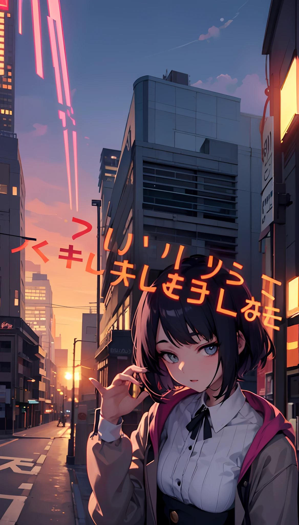 Anime girl with almost short hair standing on a city street, Estilo anime 4K, Estilo anime. 8k, lofi, Art not Guweiz style, Elogio Artstyle, estilo de anime limpo e detalhado, anime vibes, illustration Anime style, Estilo de arte de anime, Digital anime illustration, Guweiz, Estilo anime moderno, anime aesthetic