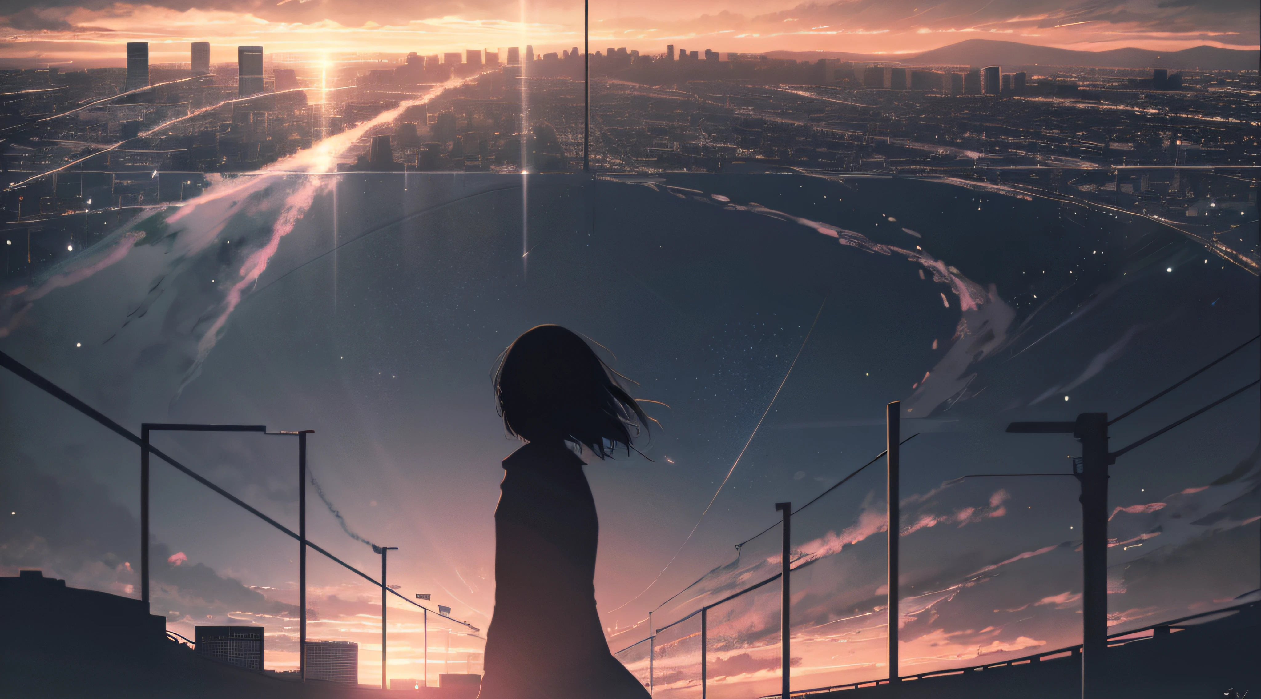 anime,silhouette,1girl, star (sky), cloud, cityscape, building, city, outdoors, skyscraper, city lights, night, night sky, sunset, skyline