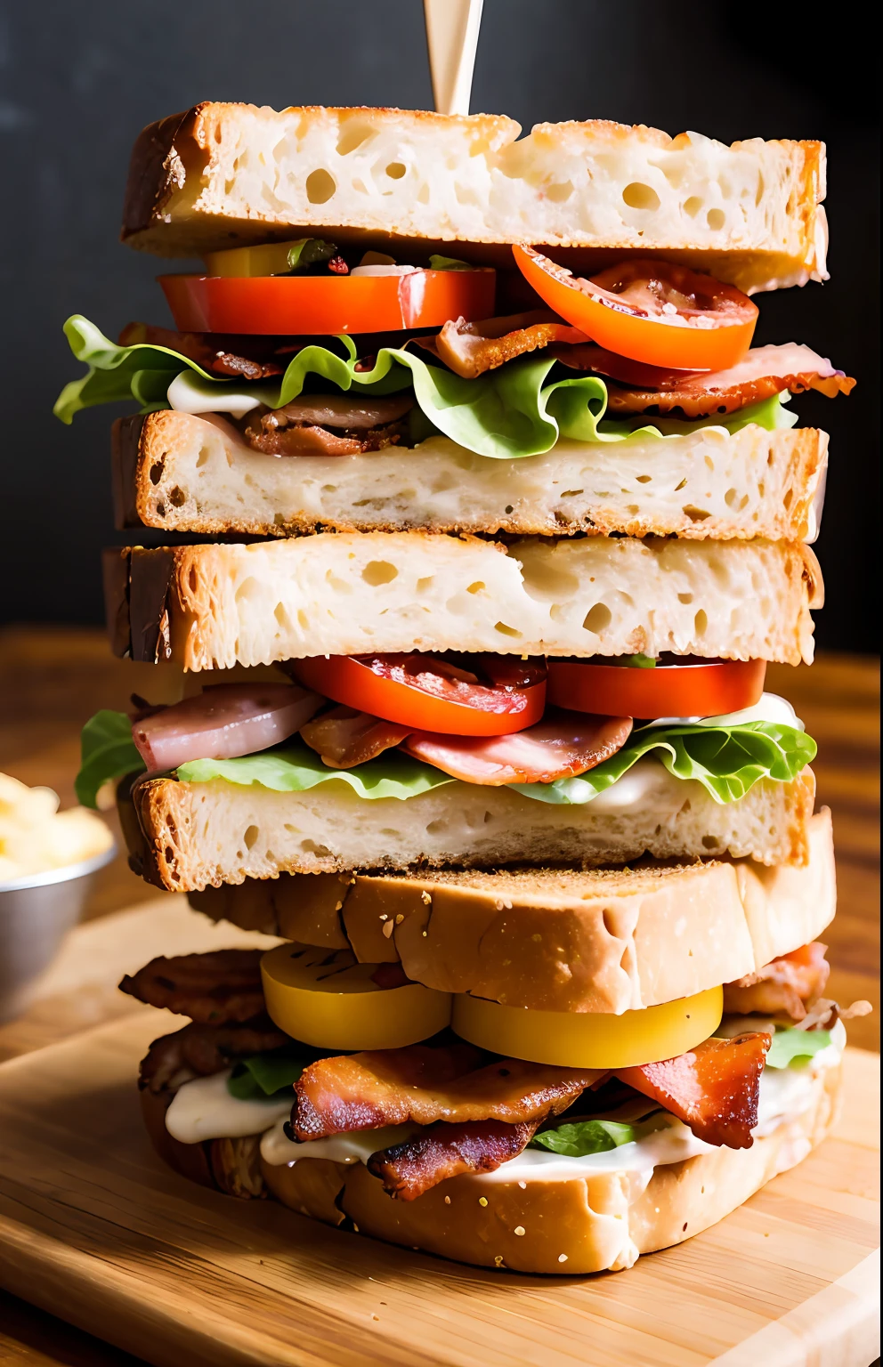 photo of a scrumptious BLT sandwich with extra bacon, (rustic diner background)+, seed bread, pepper jack cheese, (intricate details:1.12), hdr, (intricate details, hyperdetailed:1.15)