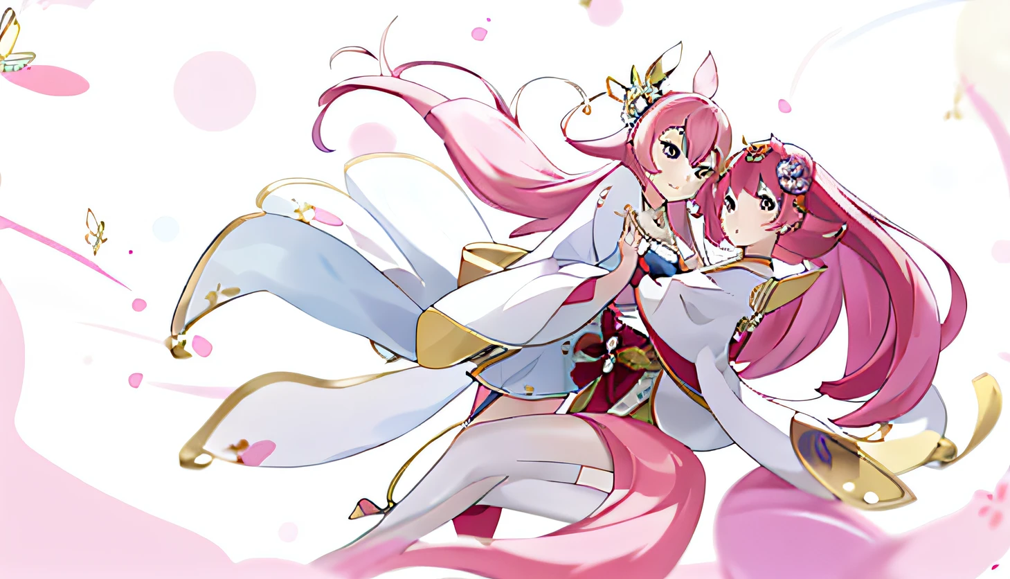 Anime girl with long pink hair and white dress flying in the air, Onmyoji detailed art, Best anime 4k konachan wallpaper, Anime art wallpaper 8 K, onmyoji, zerochan art, beautiful fantasy anime, style of anime4 K, Anime art wallpaper 4 K, Anime art wallpaper 4k, WLOP and Sakimichan