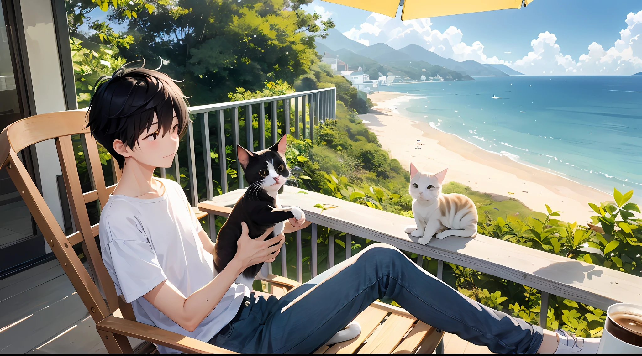 Sunny days、With a cute cat、On a hill with a view of the sea、While sitting in a rocking chair、White shirt and、wearing black trousers、Brew coffee while looking at the sea、Short-cut man with black hair。The cat is by your side。The person is from a distance。Accurately depiction of cats。
